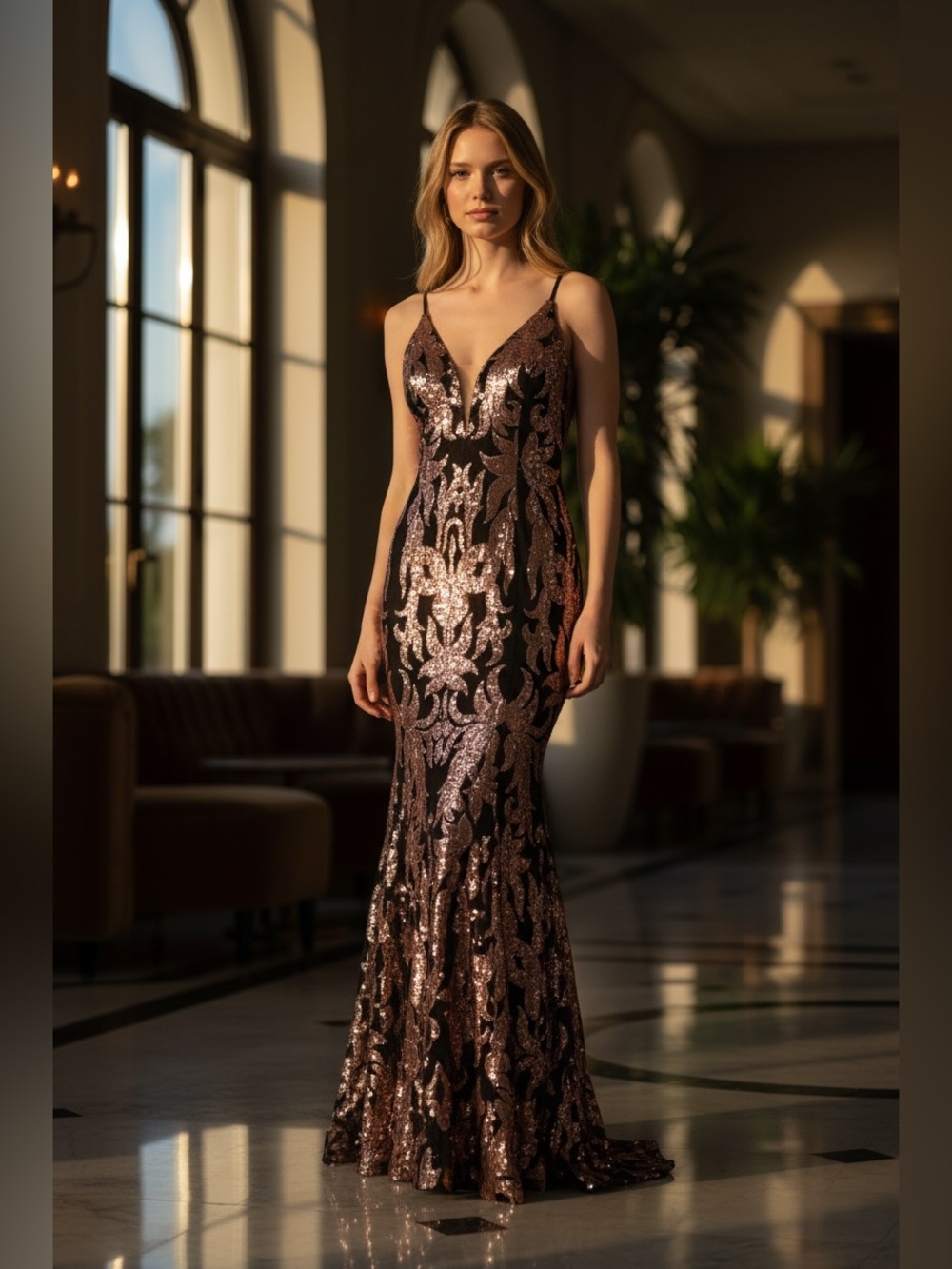 NWT Jovani 3263 Rose Gold Sequin Gown Sz 0 Fitted Black Tie Formal Dress